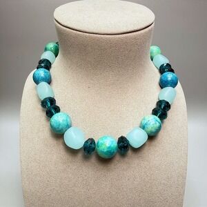 Chunky Blue Ceramic Glass and Crystal Beaded Necklace 15" Summer Statement